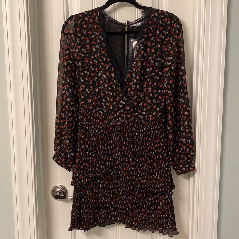 Topshop Black floral pleated long-sleeve dress for date night